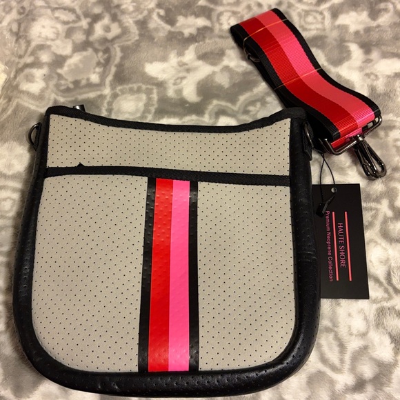 Haute shore brand. Trendy Black and Gray Crossbody Bag with Pink Accents - Picture 1 of 8